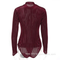 Women Bodysuit Long Sleeve Striped Knit Playsuit